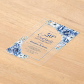 ブルーモダンフローラサプライズ50th誕生日パーティー アクリル招待状 (レイダウン)