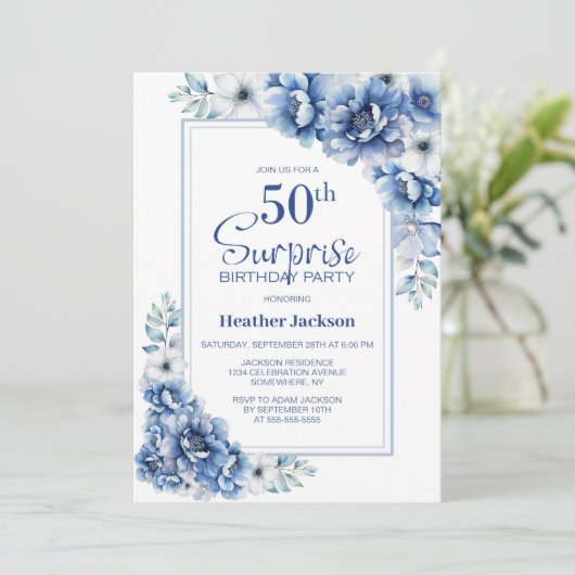 ブルーモダンフローラサプライズ50th誕生日パーティー 招待状 (スタンド正面)