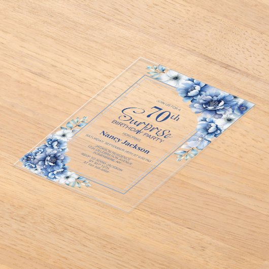 ブルーモダンフローラサプライズ70th誕生日パーティー アクリル招待状 (レイダウン)