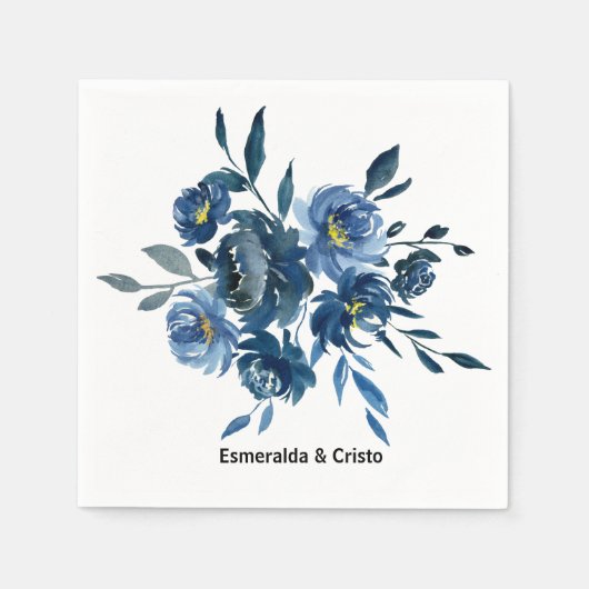 ブルーモダンフローラズ結婚ナプキン スタンダードカクテルナプキン (正面)