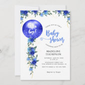 ブルーモダンフローラバロ王室のン男の子のシャワー 招待状 (正面)