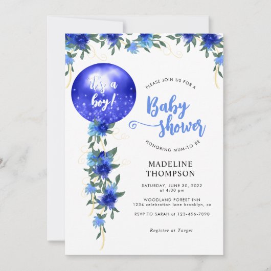 ブルーモダンフローラバロ王室のン男の子のシャワー 招待状 (正面)