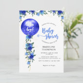 ブルーモダンフローラバロ王室のン男の子のシャワー 招待状 (スタンド正面)