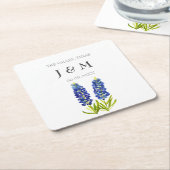 ブルーモダンフローラブルーボンネットカスタムウェディング スクエアペーパーコースター (アングル)