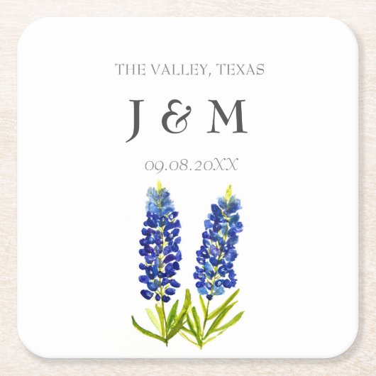 ブルーモダンフローラブルーボンネットカスタムウェディング スクエアペーパーコースター (正面)