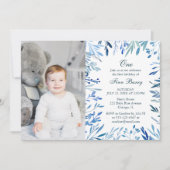 ブルーモダンフローラボーイ1stバースデーフォト 招待状 (正面)