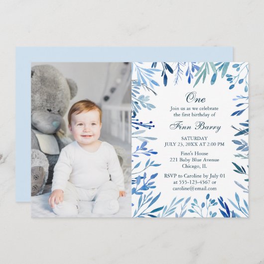 ブルーモダンフローラボーイ1stバースデーフォト 招待状 (正面/裏面)