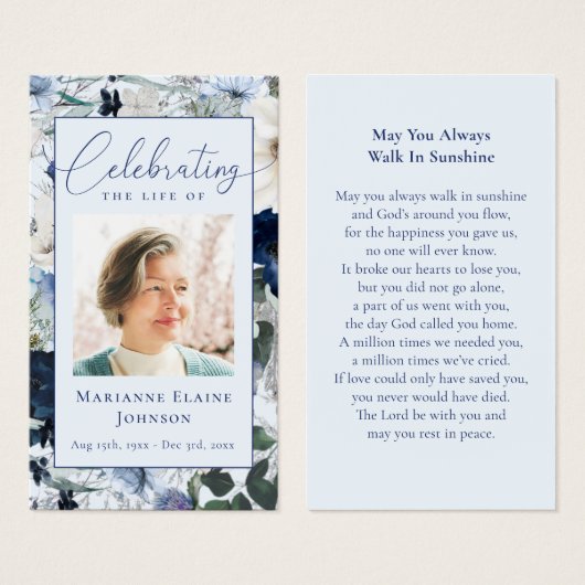 ブルーモダンフローラ記念葬式祈りの言葉カード (正面&裏面)