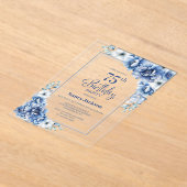 ブルーモダンフローラ75th誕生日パーティー アクリル招待状 (レイダウン)