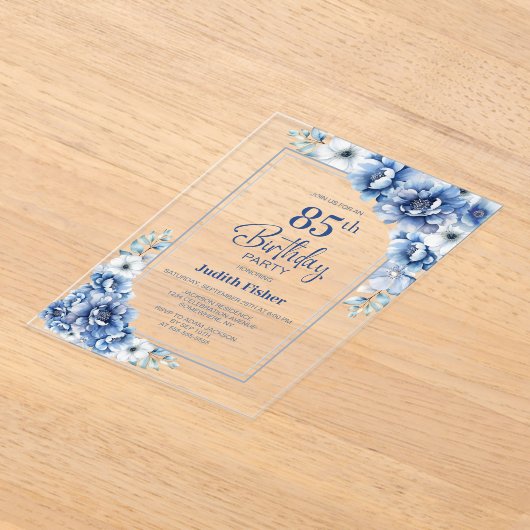 ブルーモダンフローラ85th誕生日パーティー アクリル招待状 (レイダウン)