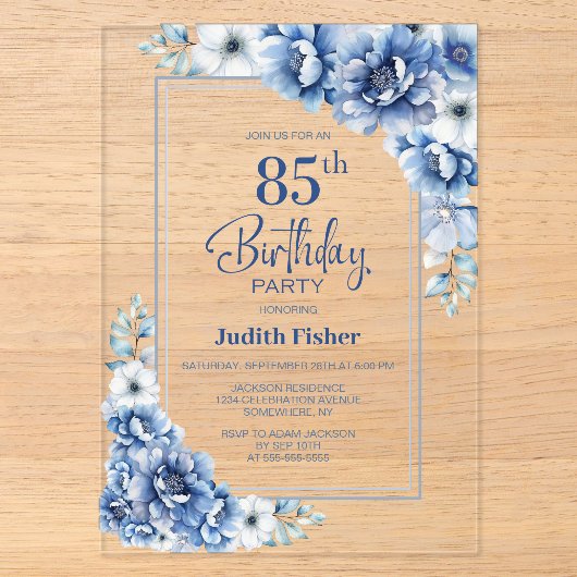 ブルーモダンフローラ85th誕生日パーティー アクリル招待状 (正面)