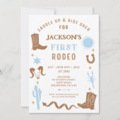 ブルーモダンブラウンカウボーイファーストRodeo 1st誕生日 招待状 (正面)