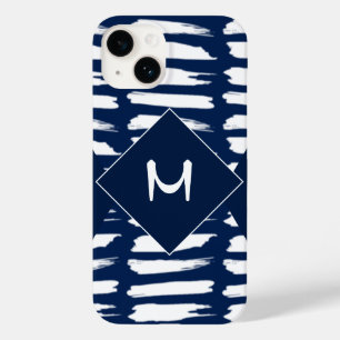 ブルーモダンホワイトストライプモノグラムカスタム Case-Mate iPhone 14ケース