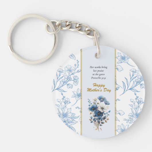 ブルーモダンホワイトフローラハッピーマザーズの日 キーホルダー (正面)