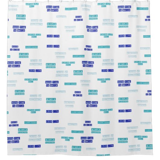 ブルーモダンホワイトラブライフエンボスラベルパター シャワーカーテン (正面)