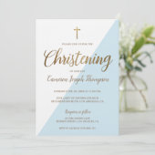 ブルーモダンホワイト金ゴールド《キリスト教》洗礼式や命名式男の赤ちゃん 招待状 (スタンド正面)