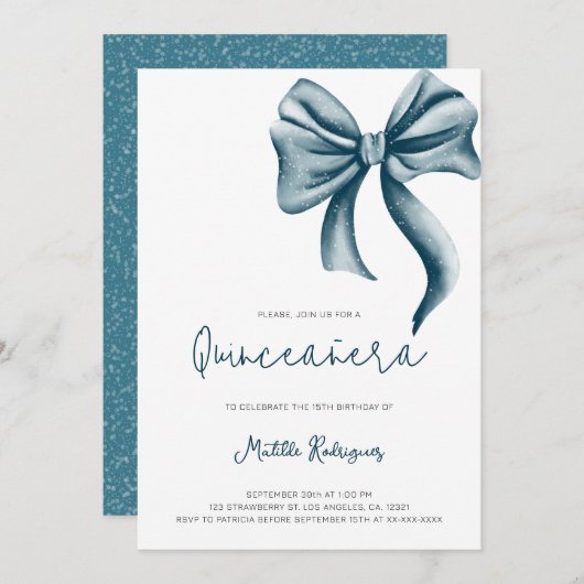 ブルーモダンボウキンセアニェラ誕生日 招待状 (正面/裏面)