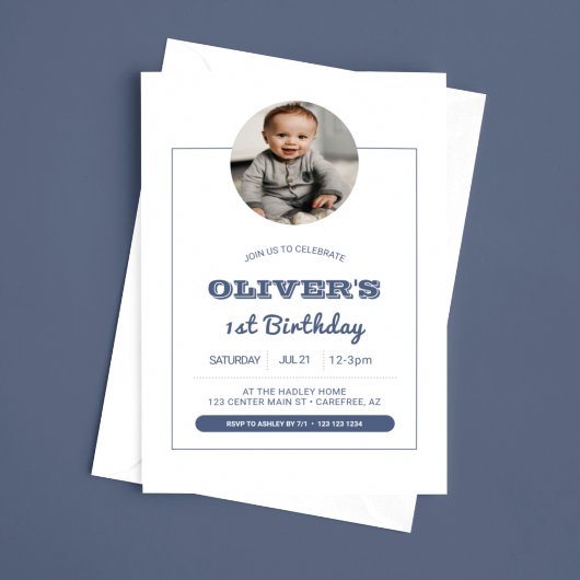 ブルーモダンボーイズ写真第1誕生日 招待状