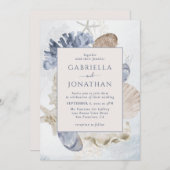 ブルーモダンマリンコーラルシー結婚ヘルズ 招待状 (正面/裏面)