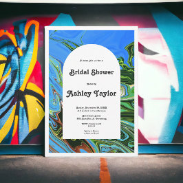 ブルーモダンミニマルグリーン抽象芸術ブライダルシャワー 招待状