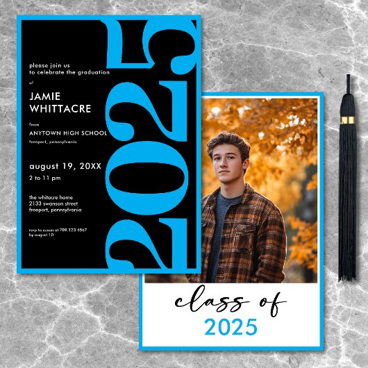 ブルーモダンミニマルタイポグラフィ卒業パーティー 招待状