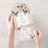 ブルーモダンミニマル&ラスト蝶タンディナー オールインワン招待状 (貼ってはがせる)