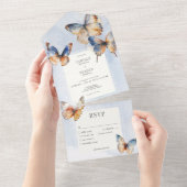 ブルーモダンミニマル&ラスト蝶ディナー オールインワン招待状 (貼ってはがせる)