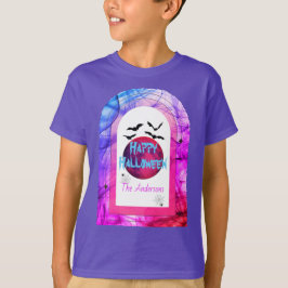 ブルーモダンムーンこうもりスパイダー不気味ハッピーハローウィン Tシャツ