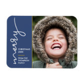 ブルーモダンメリークリスマススクリプトフォトカード マグネット (横)