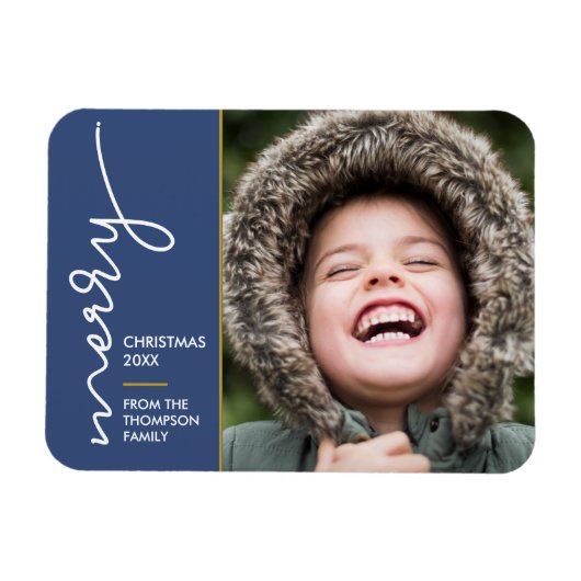 ブルーモダンメリークリスマススクリプトフォトカード マグネット (横)
