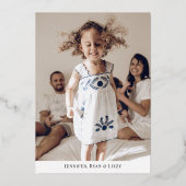 ブルーモダンメリークリスマス写真家族 箔シーズンカード (裏面)