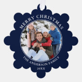 ブルーモダンメリークリスマス写真 オーナメントカード (正面)