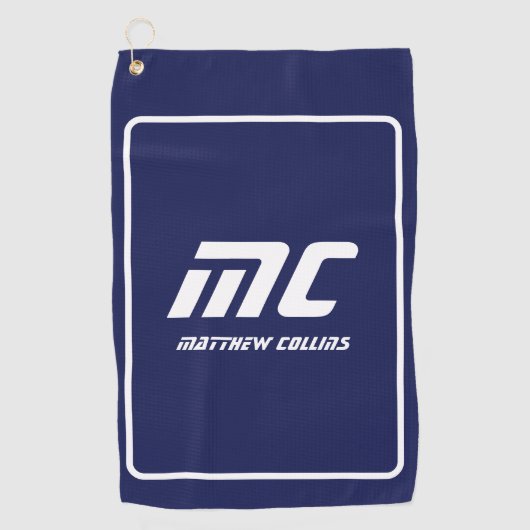 ブルーモダンモノグラムミニマリストホワイトネームシンプル ゴルフタオル (正面)