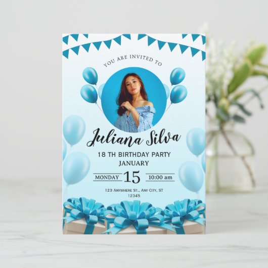 ブルーモダンヤング誕生日招待状 招待状 (スタンド正面)