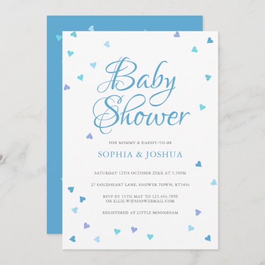ブルーモダンラブハートカップル男の赤ちゃんシャワー 招待状 (正面/裏面)