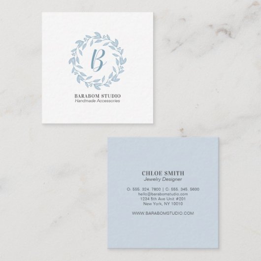 ブルーモダンリースモノグラムプロフェッショナル スクエア名刺 (正面/裏面)