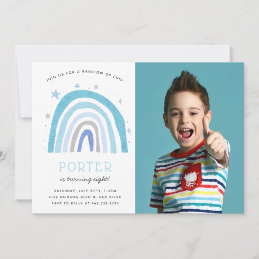 ブルーモダンレインボー子供の誕生日パーティー写真 招待状 (正面)