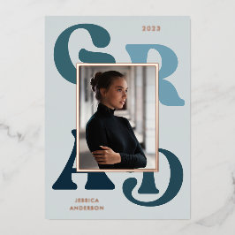 ブルーモダンレトロタイポグラフィ写真2022卒業 箔招待状