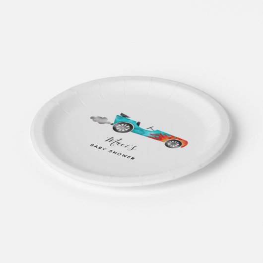 ブルーモダンレースカーガールベビーシャワー紙プレート ペーパープレート (アングル)