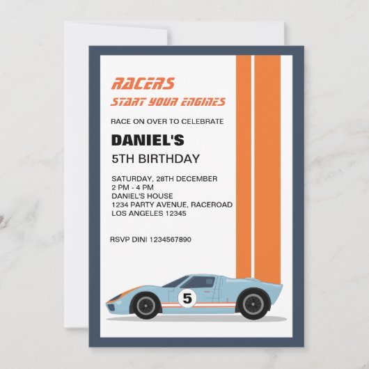 ブルーモダンレースカーボーイ誕生日 招待状 (正面)