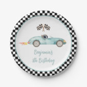 ブルーモダンレースカー誕生日 ペーパープレート (正面)