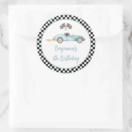 ブルーモダンレースカー誕生日 ラウンドシール (バッグ)