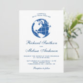 ブルーモダンワールドマップグローブ結婚式招待状 招待状 (スタンド正面)