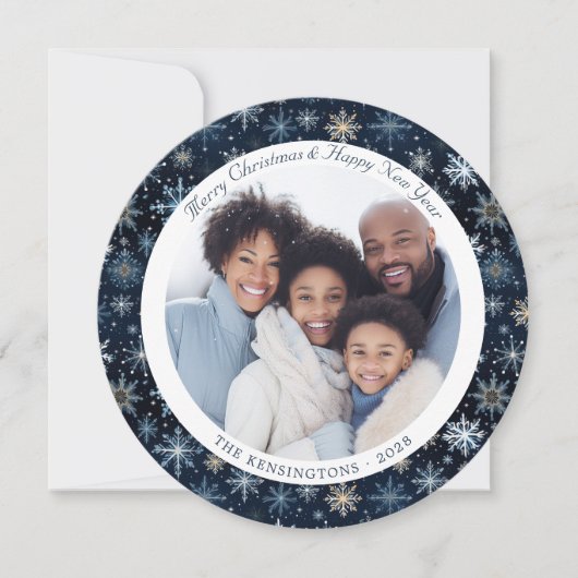 ブルーモダンヴィンテージの雪片クリスマスフォト シーズンカード (正面)