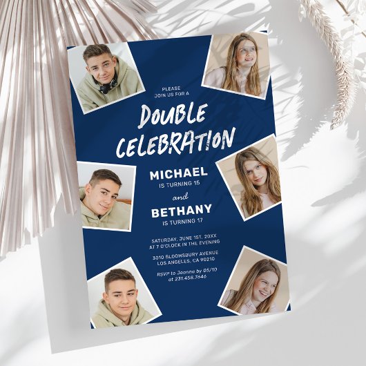 ブルーモダン共同写真誕生日パーティー 招待状