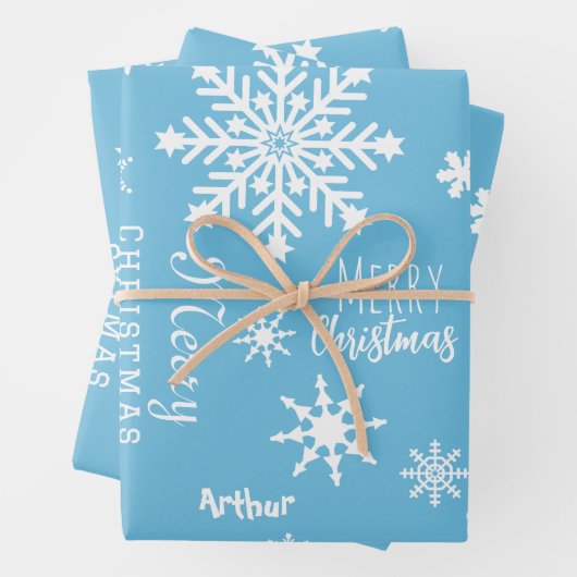 ブルーモダン名前をカスタムするクリスマスホリデーススノー ラッピングペーパーシート (インサイチュ)