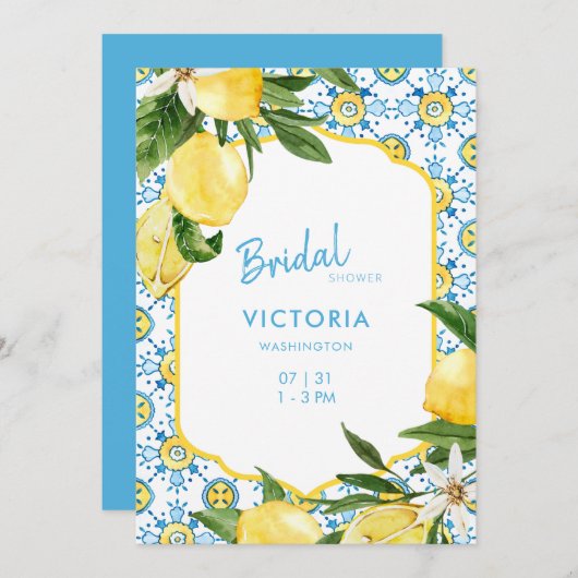 ブルーモダン地中海の&レモンブライダルシャワーI 招待状 (正面/裏面)