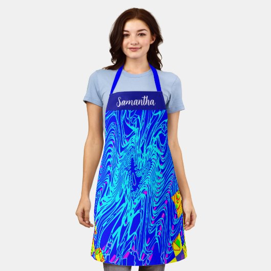 ブルーモダン抽象芸術ア絵を描ート エプロン (着用した状態)
