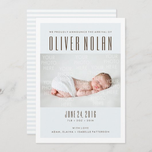 ブルーモダン新生児ボーイ発表 案内状 (正面/裏面)