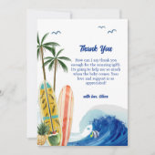 ブルーモダン海ウェーブサーフボードベビーシャワー サンキューカード (正面)